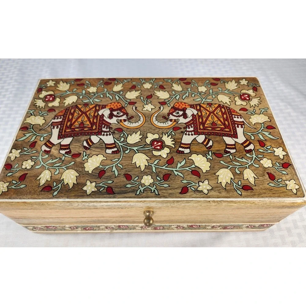 New Elephant Hand Painted Jewelry Box Treasure Chest Large Made In India Wood